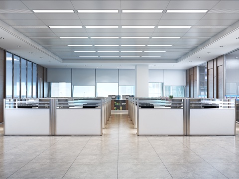  现代开放式敞开办公室  集体办公室 办公桌椅3d模型 