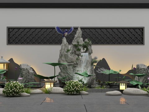  新中式庭院景观水景小品荷叶荷花石灯假山3d模型 