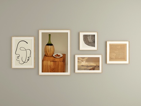 组合画 奶油风组合画 抽象画 沙发背景装饰画su模型