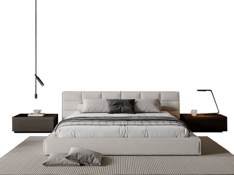  现代双人床 吊灯 床头柜  台灯  布艺双人床3d模型 