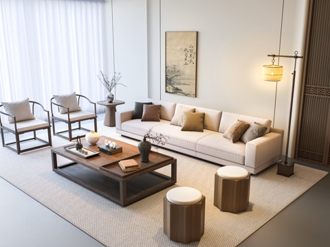 宋氏美学客厅 沙发茶几组合 新中式客厅沙发 宋氏软包沙发茶几su模型