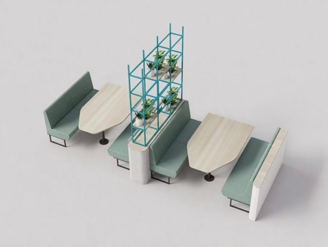 北欧风浅绿沙发卡座 异形木云桌 蓝框多层绿植架su模型