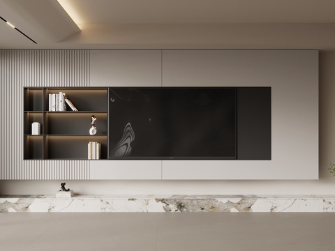 现代简约电视背景墙 电视柜 饰品摆件su模型