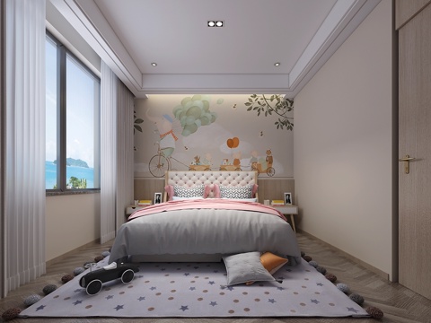  现代儿童房卧室 儿童壁纸3d模型 