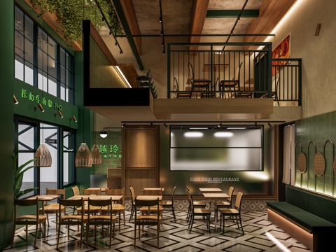 现代港式东南亚茶餐厅 LOFT茶餐厅 餐桌椅前台 卡座 餐厅su模型