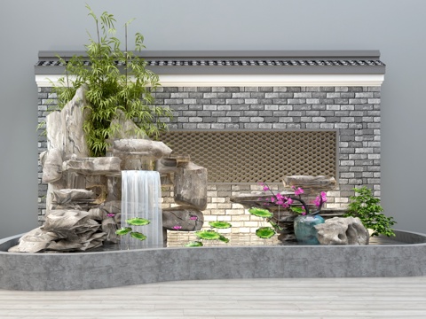  新中式假山竹子水池塘荷花盆栽马头墙组合 园林小品 景观园3d模型 
