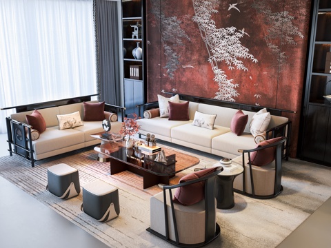 新中式 沙发茶几组合 宋氏美学 组合沙发 单人休闲椅 边几su模型