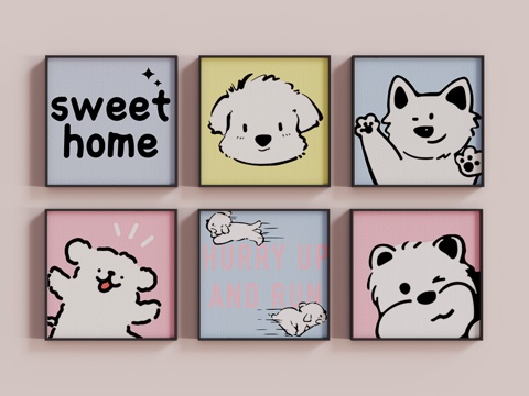 现代奶油风可爱小狗挂画su模型