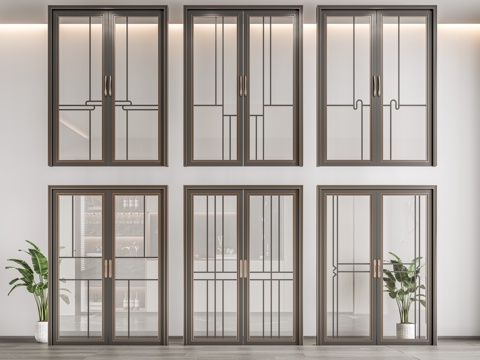 现代新中式玻璃推拉门 厨房门阳台门 玻璃格栅门 推拉门su模型