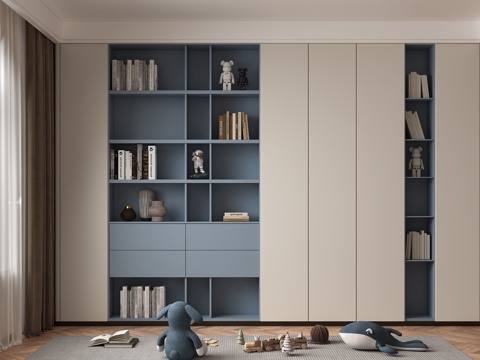 现代极简儿童书柜 儿童蓝色系展示柜儿童饰品摆件书籍 儿童房储su模型