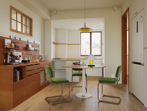 复古餐厅 圆桌餐厅 餐边柜 吊灯su模型