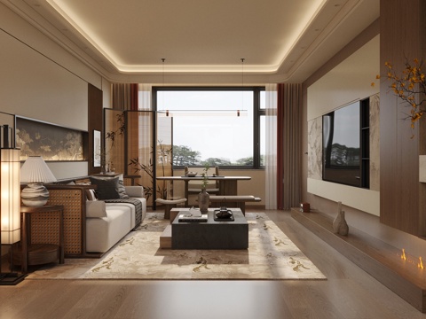 新中式禅意家居客厅 中式宋式客厅 沙发茶几组合 中式横厅客厅su模型