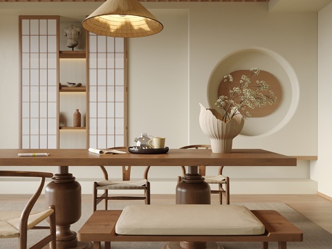 现代茶室 茶桌椅 吊灯 餐椅su模型