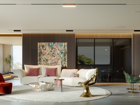 轻奢客厅 餐厅 餐桌组合 沙发组合 挂画 电视背景墙su模型