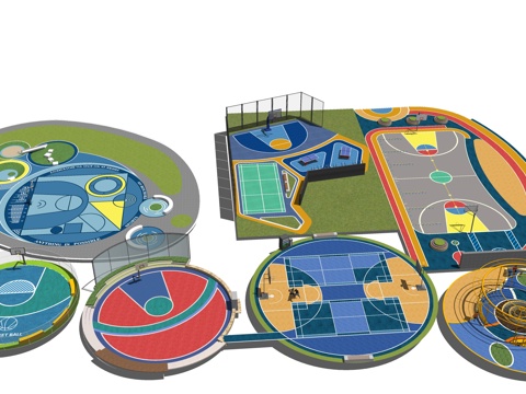 现代户外球场 篮球场 运动场地 球场灯su模型