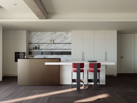 现代餐厅  岛台餐桌 开放式餐厅su模型