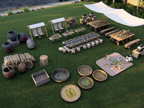 露营桌椅 露营小品 室外座椅 烧烤台su模型