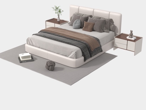  现代奶油风双人床3d模型 