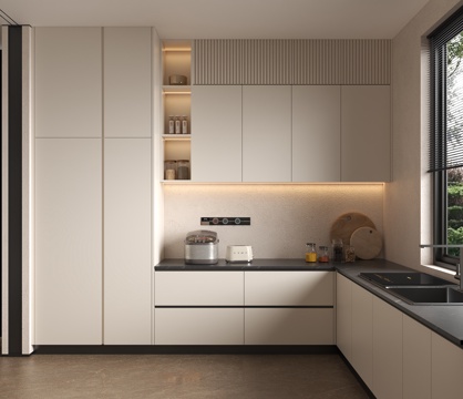 现代奶油L型厨房 电饭煲面包机百叶 水槽洗碗机圆菜板 食品物su模型