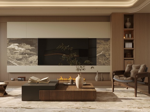 新中式禅意家居客厅 电视背景墙 宋式美学背景墙 客厅背景墙su模型