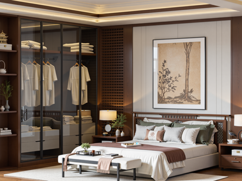 新中式家居卧室su模型