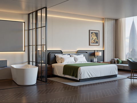 现代轻奢酒店客房su模型