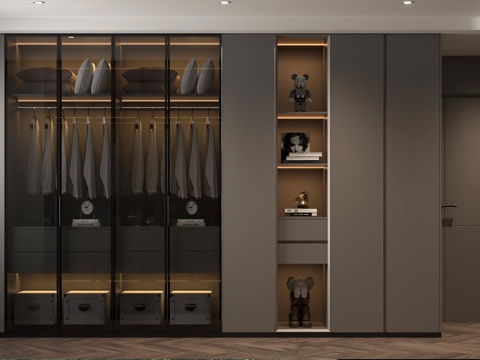 现代意式衣帽间 现代玻璃衣柜组合 衣柜开放格饰品 极简衣帽间su模型