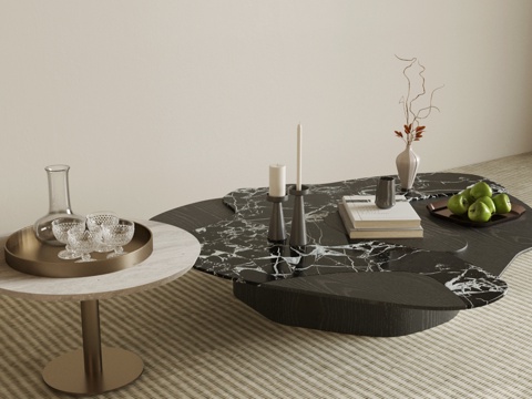 轻奢意式茶几 圆形茶几 茶几花艺 中古风茶几 茶几摆件组合su模型