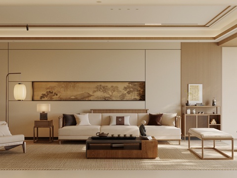 新中式禅意家居客厅 新中式宋式客厅 实木沙发茶几组合 休闲椅su模型