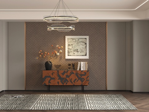 现代轻奢背景墙 意式皮革背景墙板 现代硬包墙板吊灯 玄关门厅su模型