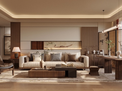 新中式禅意客厅 中式客厅 宋式美学客厅 沙发茶几组合 茶桌椅su模型