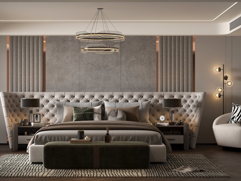 现代轻奢主卧卧室 轻奢卧室背景墙 轻奢吊灯落地灯 现代主卧大su模型