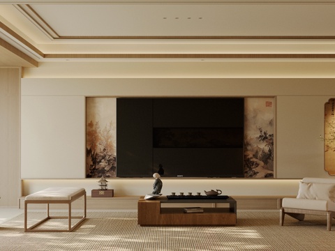 新中式禅意家居客厅 电视背景墙 宋式美学背景墙 客厅背景墙su模型