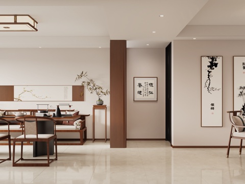  中古风客餐厅 新中式沙发 中古风茶桌 新中式餐桌 中式挂画3d模型 