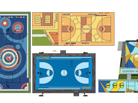 现代户外球场 篮球场 运动场地 球场灯su模型