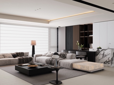  现代意式家居客厅 轻奢意式客厅 高级灰客厅 沙发茶几组合3d模型 