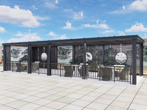  新中式廊架 休闲长走廊 景观长廊架 铝合金玻璃廊架 长条形3d模型 