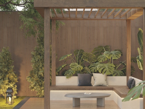  现代庭院花园景观 木结构廊架 休闲卡座花池 围墙景墙组合3d模型 