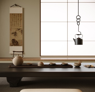 现代茶具摆件 挂画 茶室 榻榻米茶桌椅su模型