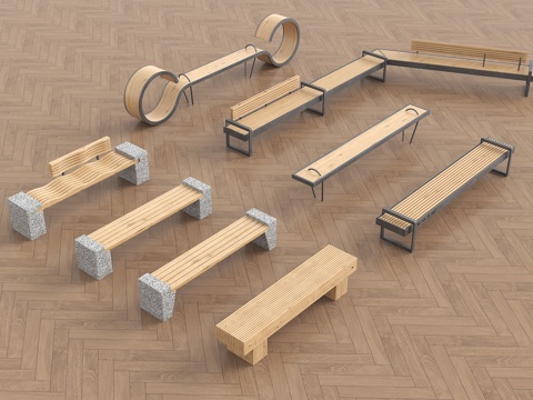 现代不锈钢座椅 景观座椅 原木长凳 条凳 现代公园景观椅su模型