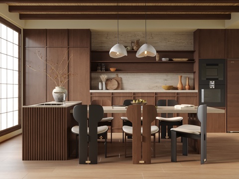 中古风餐厅 餐桌椅 餐椅 岛台餐桌 餐边柜 酒柜su模型