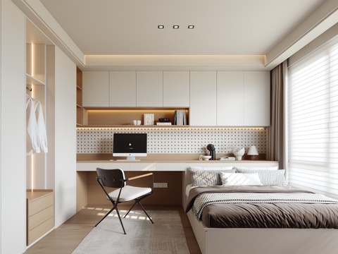 原木风榻榻米卧室，次卧，儿童房，单椅，书桌su模型