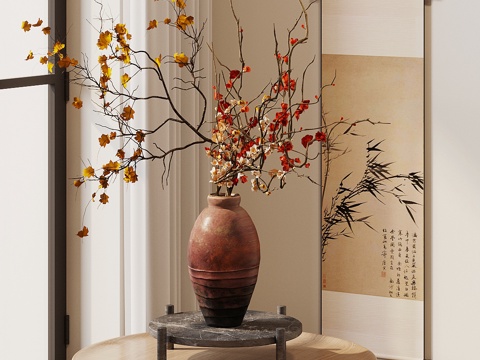 宋式花艺 侘寂风干花 仿真花复古花 陶瓷花瓶 婚庆花艺 花艺su模型