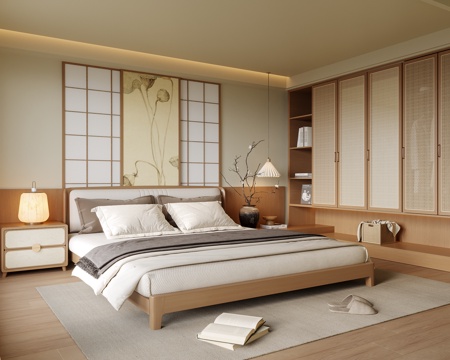 日式卧室 双人床 床头柜 衣柜 床头柜su模型