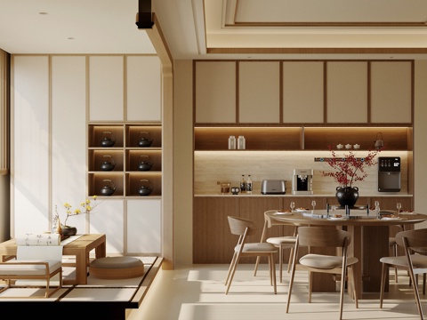 新中式禅意餐厅 宋式餐厅 实木餐桌椅组合 餐边柜 茶水柜su模型