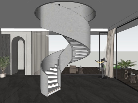 ​​现代螺旋楼梯室内场景 灰白旋梯 落地窗su模型
