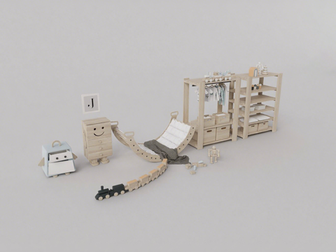 现代蒙氏启蒙收纳柜 儿童柜 木质玩具火车 笑脸抽屉柜 字母装su模型