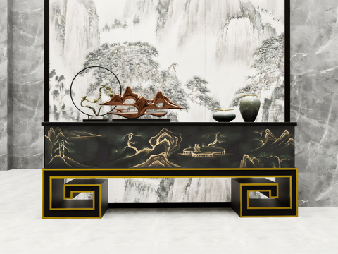 新中式水墨玄关柜 金绘山水纹黑桌 青瓷摆件 抽象山形铜雕su模型