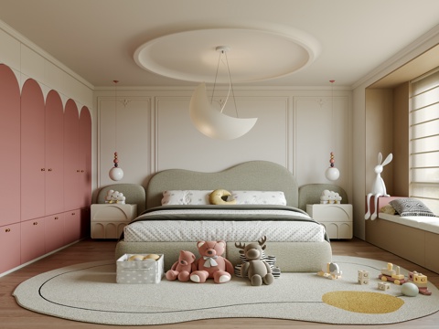 奶油风儿童房 次卧 女孩房 衣柜 吊灯 飘窗卧室su模型