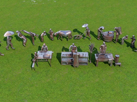 新中式雕塑小品 古镇铜人装置 铜人雕塑 农家乐雕塑su模型